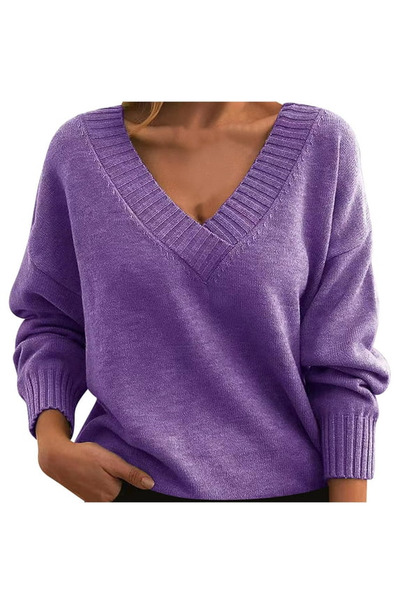 Sweater for Women Deep V Neck Casual Loose Oversized Knitted Pullover Tops Fall Winter Casual Sweaters