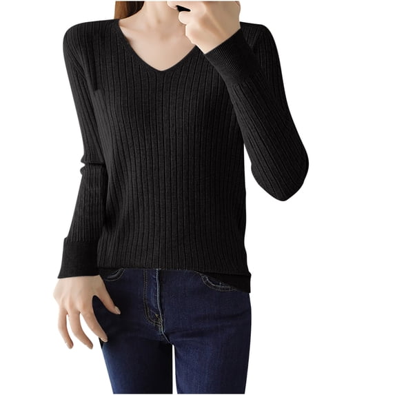 AherBiu Sweater for Women V Neck Long Sleeve Ribbed Slim Fitted Basic Layer Knitwear Pullover Tops Blouse