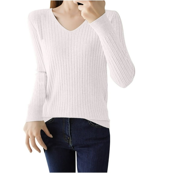 AherBiu Sweater for Women V Neck Long Sleeve Ribbed Slim Fitted Basic Layer Knitwear Pullover Tops Blouse