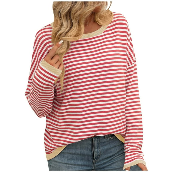 AherBiu Sweaters for Women Striped Crewneck Fall Casual Loose Long Sleeve Drop Shoulder Knitted Pullover Tops
