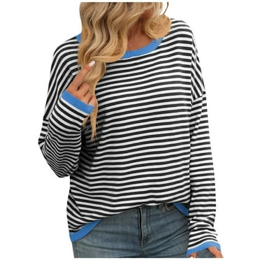 AherBiu Sweaters for Women Striped Crewneck Fall Casual Loose Long Sleeve Drop Shoulder Knitted Pullover Tops