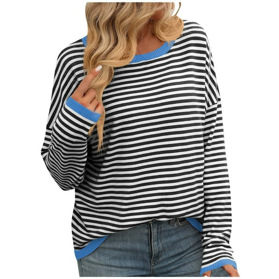 AherBiu Sweaters for Women Striped Crewneck Fall Casual Loose Long Sleeve Drop Shoulder Knitted Pullover Tops
