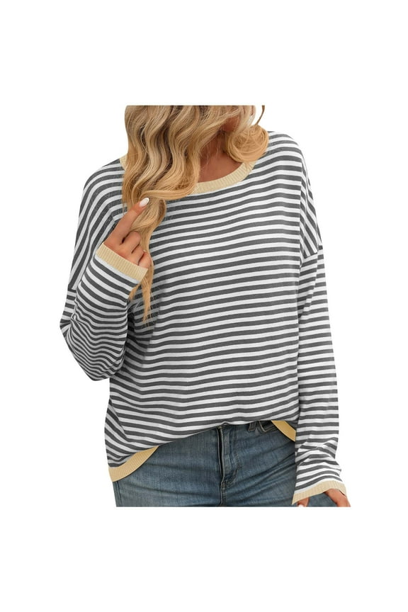 Sweaters for Women Striped Crewneck Fall Casual Loose Long Sleeve Drop Shoulder Knitted Pullover Tops