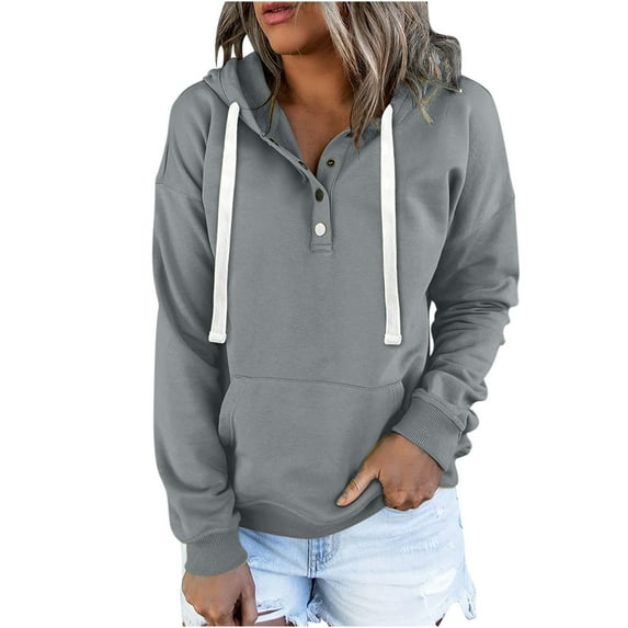 AherBiu Sweatshirt for Women Thick Warm Hoodies Long Sleeve Button V Neck Drawstring Hooded Pullover Solid Color