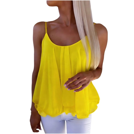 AherBiu Tank Tops for Women Chiffon Spaghetti Strap Cowl Neck Ruched Ruffle Dressy Casual Blouse Vacation Shirts