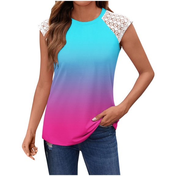 AherBiu Tank Tops for Women Crew Neck Lace Shoulder Gradient Color Sleeveless Summer Comfy Fitting Shirts