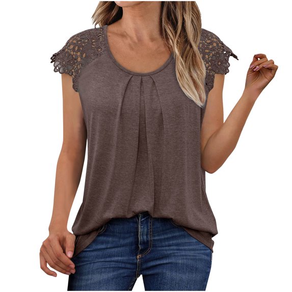 AherBiu Tank Tops for Women Lace Shoulder Crewneck Ruched Loose Summer Casual Basic Top Tees Shirts