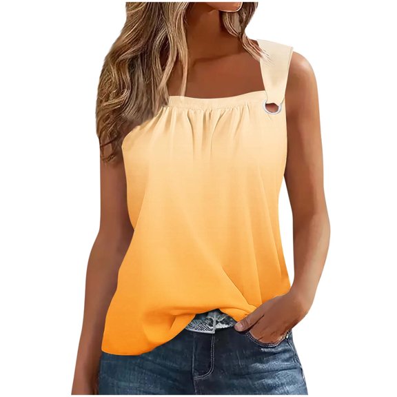 AherBiu Tank Tops for Women Square Neck Wide Strap Gradient Color Sleeveeless Summer Top Tees Shirts