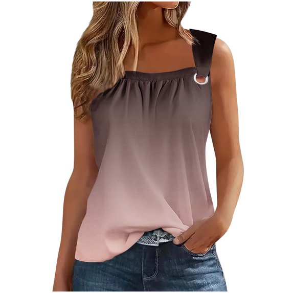 AherBiu Tank Tops for Women Square Neck Wide Strap Gradient Color Sleeveeless Summer Top Tees Shirts