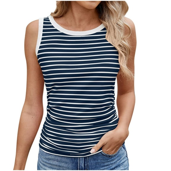 AherBiu Tank Tops for Women Striped Knitted Crewneck Sleeveless Slim Fitted Stretch Summer Tops Shirts