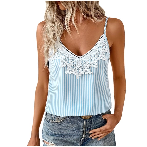 AherBiu Tank Tops for Women Striped Lace Crochet Deep V Neck Sleeveless Summer Dressy Casual Blouse
