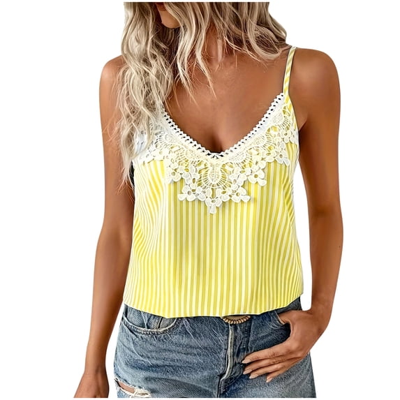 AherBiu Tank Tops for Women Striped Lace Crochet Deep V Neck Sleeveless Summer Dressy Casual Blouse