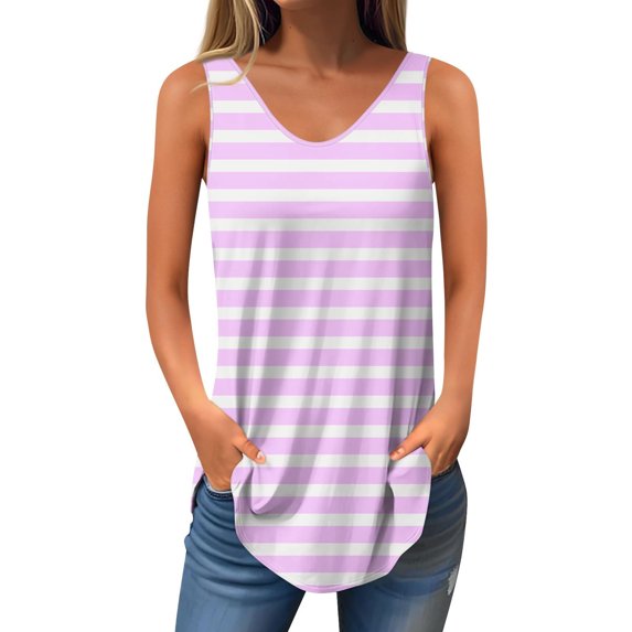AherBiu Tank Tops for Women Striped Sleeveless V Neck Tunic Top Summer Casual High Low Hem Tanks Tshirts