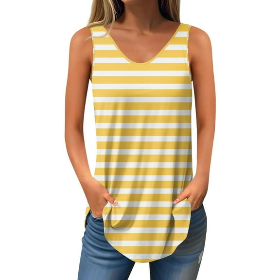 AherBiu Tank Tops for Women Striped Sleeveless V Neck Tunic Top Summer Casual High Low Hem Tanks Tshirts