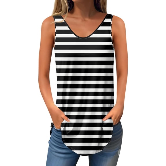 AherBiu Tank Tops for Women Striped Sleeveless V Neck Tunic Top Summer Casual High Low Hem Tanks Tshirts