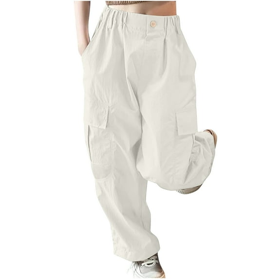 AherBiu Teen Girls Clothes Hiking Pants Elastic Waisted Kids Straight Wide Leg Lightweight Cargo Pants with Pockets
