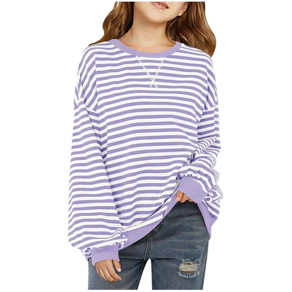 AherBiu Teen Girls Clothes Striped Crewneck Sweatshirt Oversized Long Sleeve Tops Casual Loose Pullover