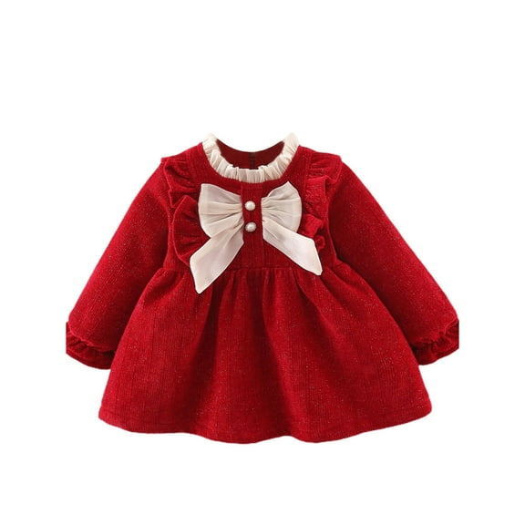 AherBiu Toddler Baby Girls Dress Long Sleeve Bow-Ruffle Crewneck Glitter Valentine's Day Short Red Dresses