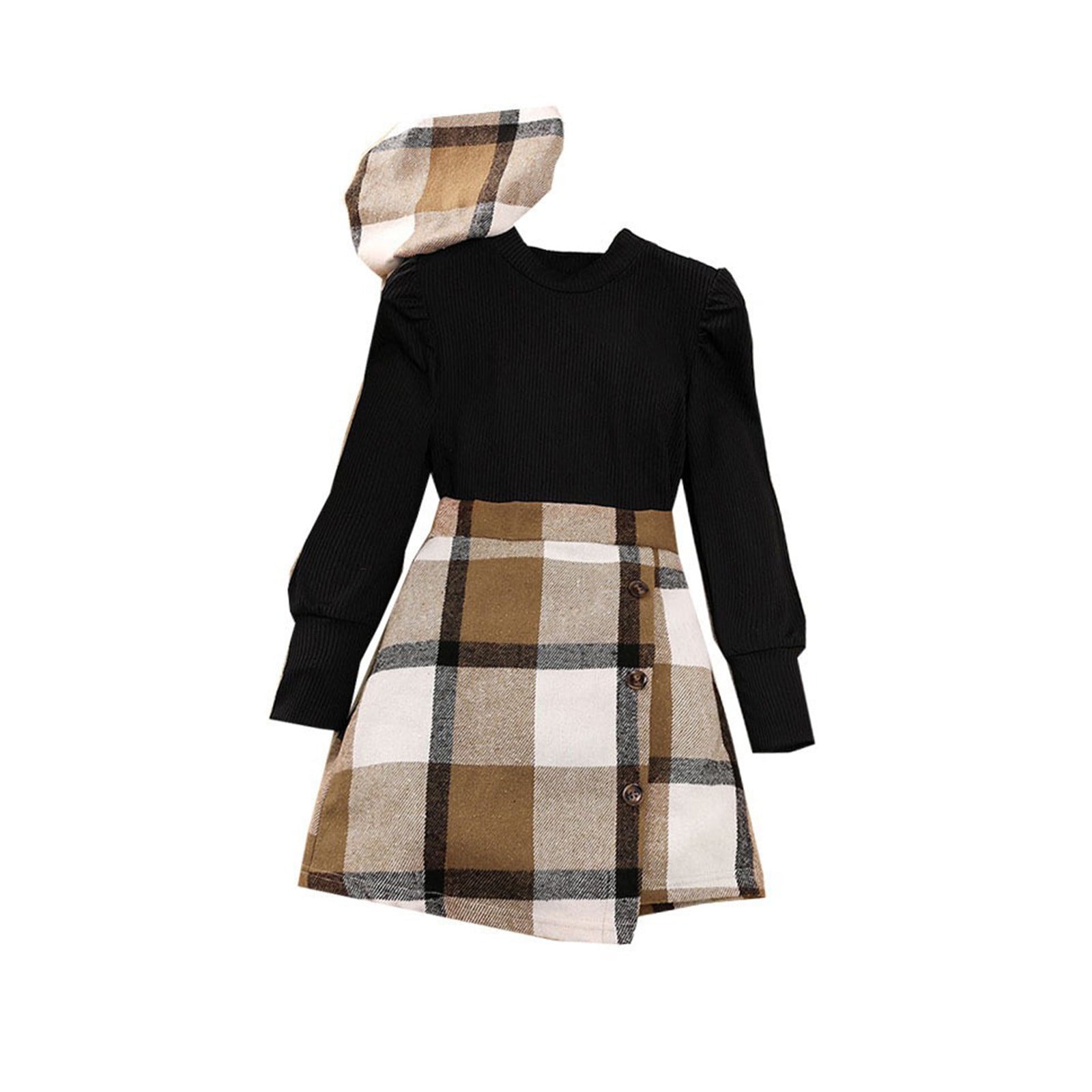 AherBiu Toddler Baby Girls Skirt Sets with Beret Long Sleeve Tops with Plaid ALine Mini Skirt
