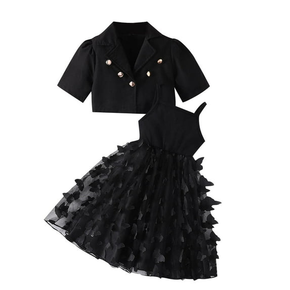 AherBiu Toddler Girls Clothes 2 Piece Formal Outfits Cropped Blazer Jackets with Mesh Pleated Midi Dresses Set