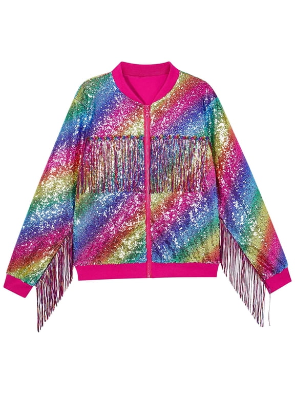 Toddler Girls Clothes Sequin Jackets Sparkly Dancing Party Fringe Jacket Zip up Tassels Coats