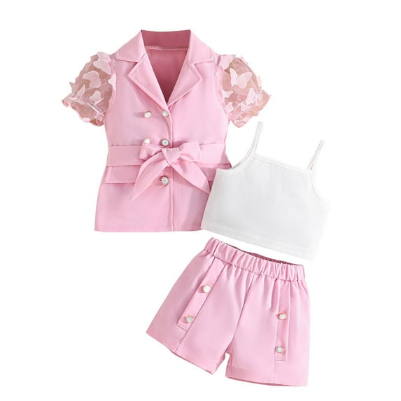 AherBiu Toddler Girls Clothes Summer Outfits Wedding Guest Dressy Sets 3 Piece Jacket Tank Top with Shorts Set