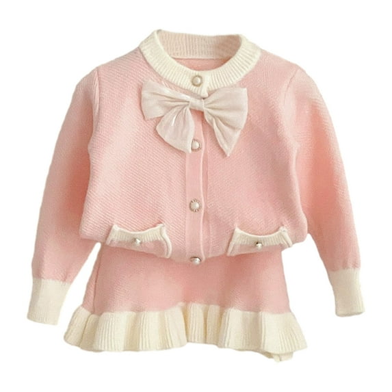 AherBiu Toddler Girls Spring Clothes 2 Piece Sweater Knit Sets Button Down Bow Cardigan Coats with Mini Skirts Outfits