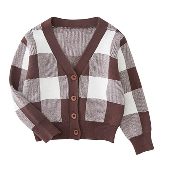 AherBiu Toddler Kid Girl Cardigans Button up V Neck Knitting Fall Jackets Plaid Patchwork Solid Color Sweater