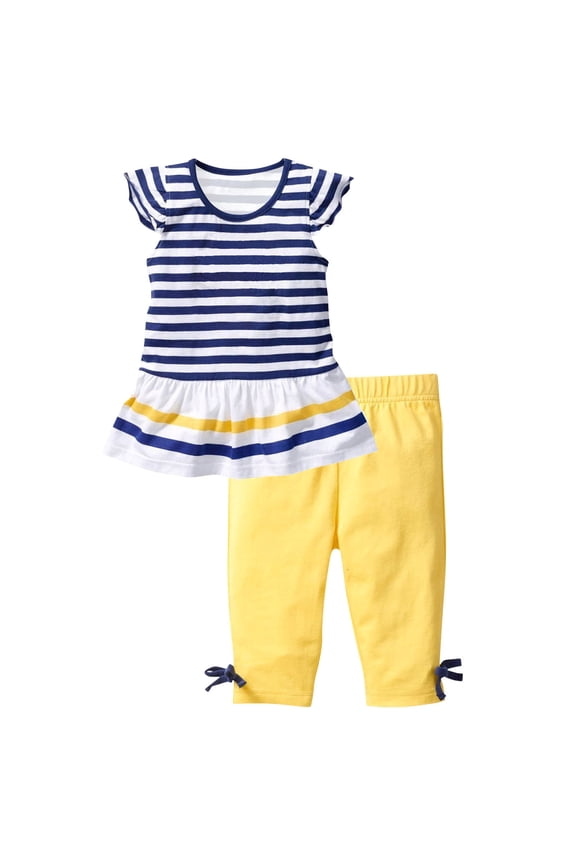 Toddler Kid Girls Clothes Cap Sleeve Striped Floral Ruffle Tunic Tops with Bottom Capri Pants 2 Piece Summer Sets