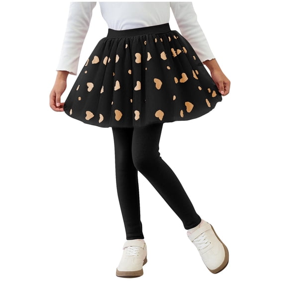 AherBiu Toddler Kids Girls Skirted Leggings 2 in 1 Printed Tulle Dance Pants Slim Fitted Footless Tights Bottoms(7-8 Years,Black)
