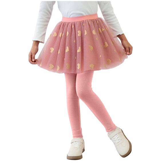 AherBiu Toddler Kids Girls Skirted Leggings 2 in 1 Printed Tulle Dance Pants Slim Fitted Footless Tights Bottoms(9-10 Years,Pink)
