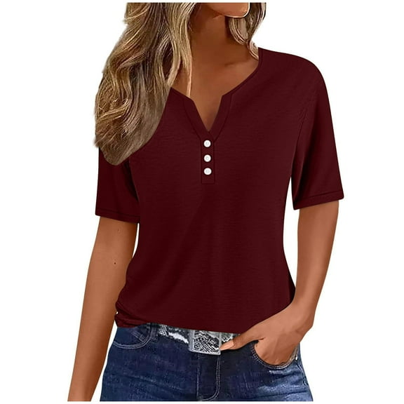 AherBiu Tops for Women Button Deep Notch V Neck Short Sleeve Summer Casual Loose Basic Top Tees Tshirts