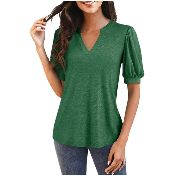 AherBiu Tops for Women Summer Casual Lantern Short Sleeve Notch V Neck Comfy Shirts Blouse Solid Color