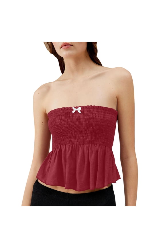 Tube Tops for Women Smocked Ruffle Cropped Cute Shirt off Shoulder Strapless Summer Dressy Casual Blouse
