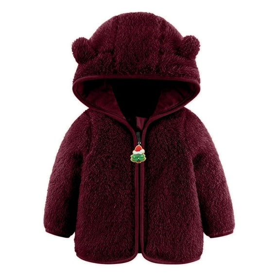 AherBiu Unisex Baby Jackets Fleece Puffy Christmas Zip up Ear Hooded Winter Coats Outwear Solid Color