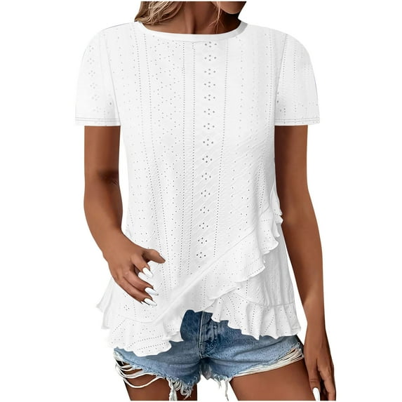 AherBiu Vacation Tops for Women Short Sleeve Wrap Slit Ruffle Boho Shirts Crewneck Stretch Summer Blouse