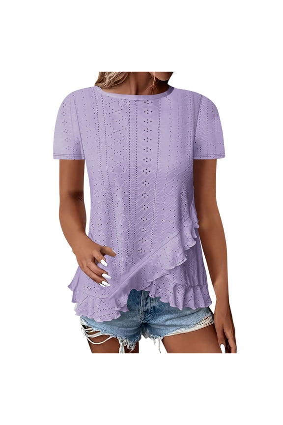 Vacation Tops for Women Short Sleeve Wrap Slit Ruffle Boho Shirts Crewneck Stretch Summer Blouse