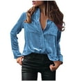 thumbnail image 1 of AherBiu Velour Shirts for Women Long Sleeve Tops Vintage Button Down Lapel V Neck Blouse Spring Clothes, 1 of 5