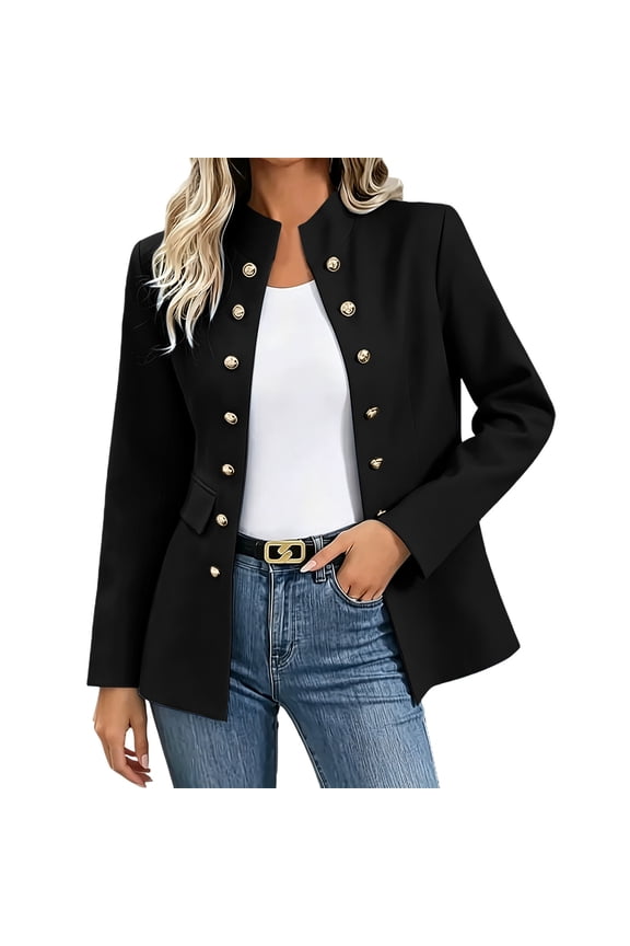 Vintage Blazer Jacket for Women Double Breasted Button down Crewneck Business Formal Outerwear Coat(XX-Large,Black)
