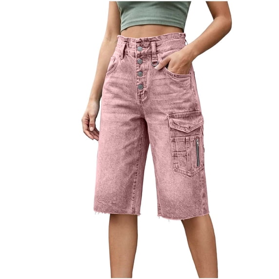 AherBiu Vintage Capri Jeans for Women Straight Leg Loose Fitted Button High Waisted Juniors Denim Capris with Multi Pockets Streetwear(X-Large,Pink)