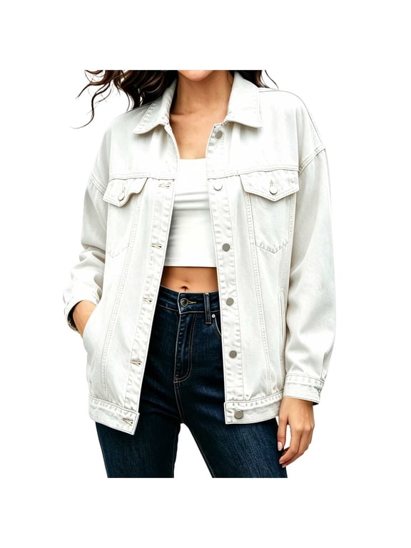 Vintage Jean Jacket for Women Button down Lapel Collar Oversized Long Sleeve Denim Outerwear Coat with Pockets(Large,White)