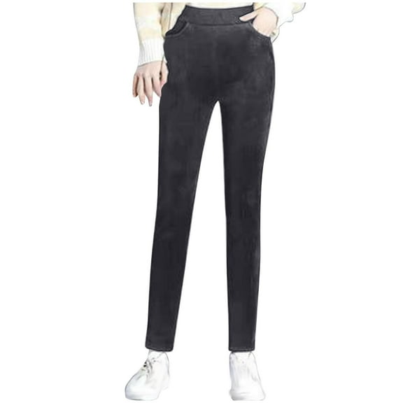 AherBiu Vintage Pants for Women Corduroy Fleece Lined Elastic High Waisted Straight Leg Trousers with Pockets