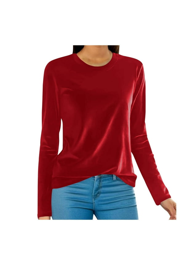 Vintage Tops for Women Velour Long Sleeve Crewneck Basic Tunic Top Tees Shirts Blouse