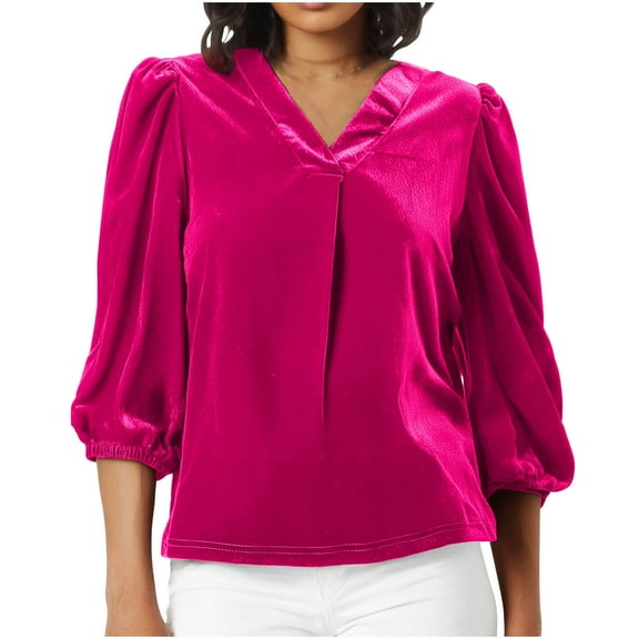 AherBiu Vintage Tops for Women Velour Shirt 3/4 Sleeve V Neck Fall Casual Ruched Loose Blouse