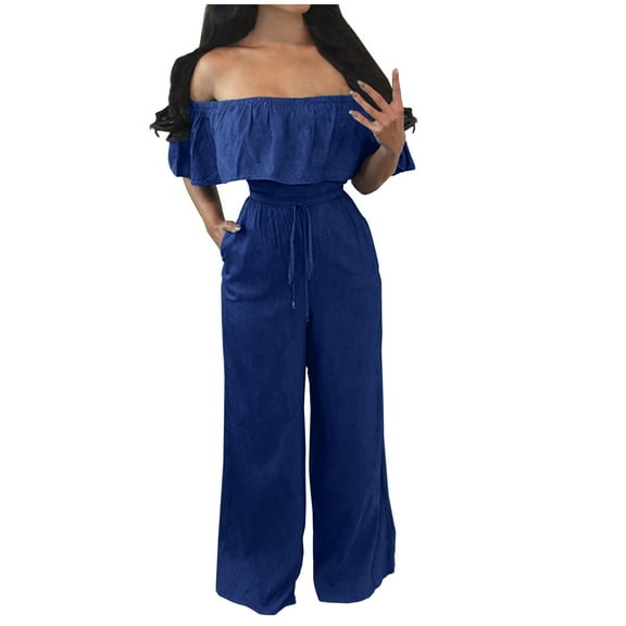 AherBiu Wide Leg Jumpsuits for Women Plus Size Ruffle off Shoulder Drawstring Waist Rompers with Pockets
