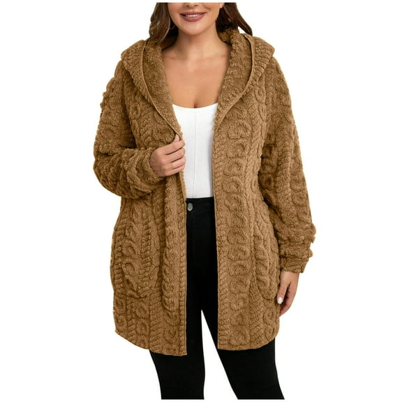 AherBiu Winter Coats for Women Plush Fleece Cardigan Open Front Hooded Thermal Warm Outwear Jackets