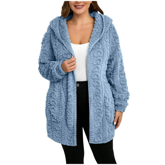 AherBiu Winter Coats for Women Plush Fleece Cardigan Open Front Hooded Thermal Warm Outwear Jackets