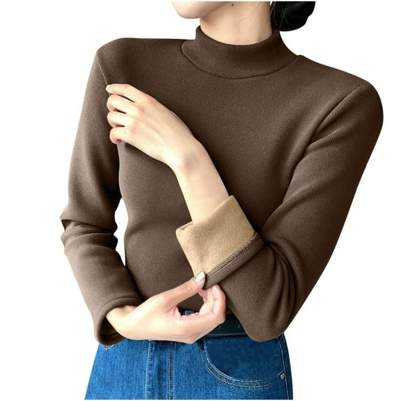 AherBiu Winter Tops for Women Fleece Lined Ribbed Long Sleeve Turtleneck Sweater Pullover Basic Layer Shirt
