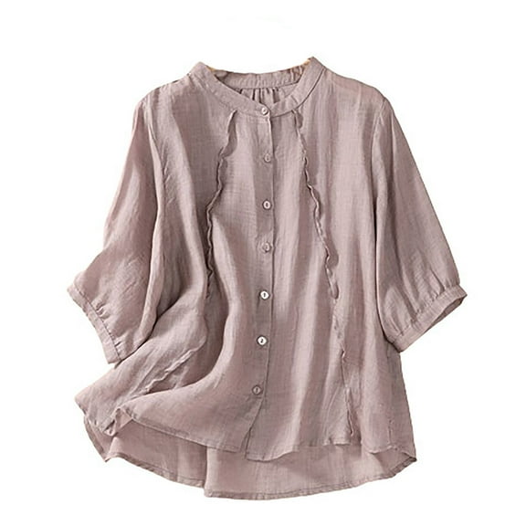 AherBiu Women Button down Shirts Cotton Linen Dressy Casual Blouse Short Sleeve Lightweight Summer Tops