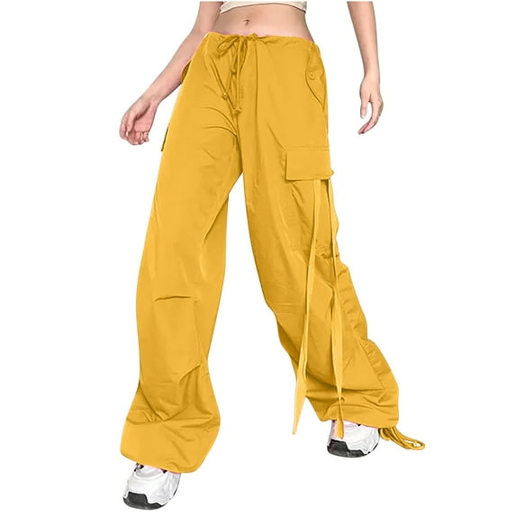 AherBiu Women Cargo Dance Pants Drawstring Low Waisted Streetwear Straight Wide Leg Juniors Cargo Pants